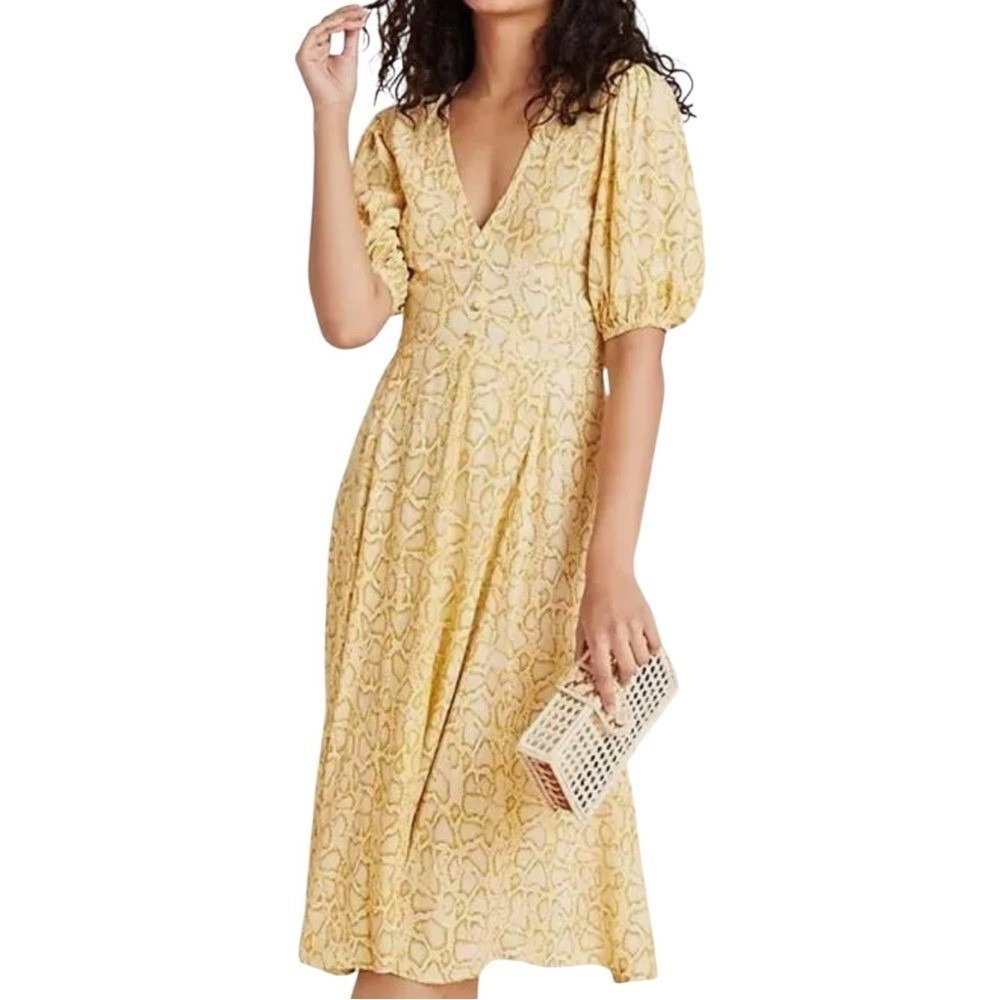 Faithfull The Brand Women Yellow Snakeskin Midi Dress XS 2 Puff Sleeve V-NeckTie